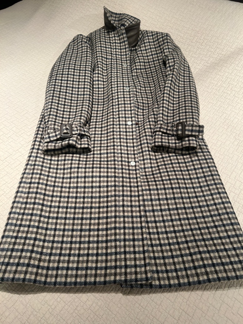 Vince Navy and Cream Plaid Wool-Blend Coat